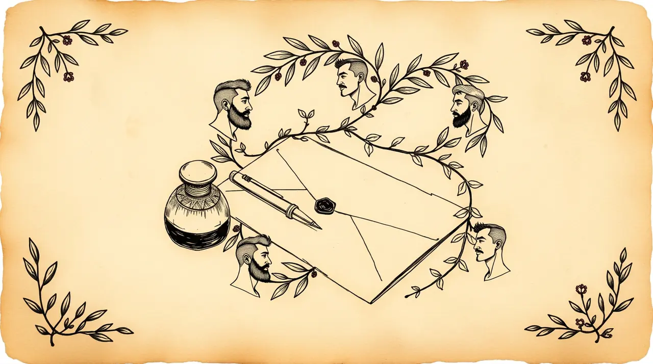 A quill, ink well, and folded letter with wax seal, hand-drawn in vintage ink