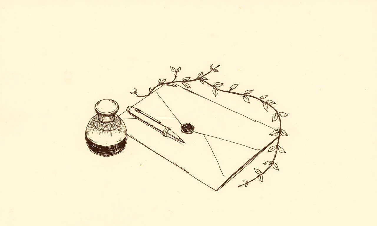 A quill, ink well, and folded letter with wax seal, hand-drawn in vintage ink