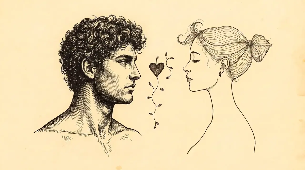Two figures in profile connected by a delicate vine, hand-drawn in vintage ink on parchment