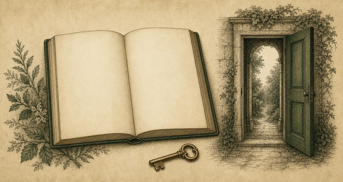 Vintage ink illustration of a blank open notebook, a brass key, and an open doorway