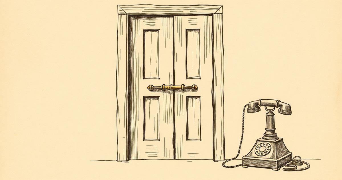 Vintage ink illustration of a bolted door beside a silent telephone with a cut cord