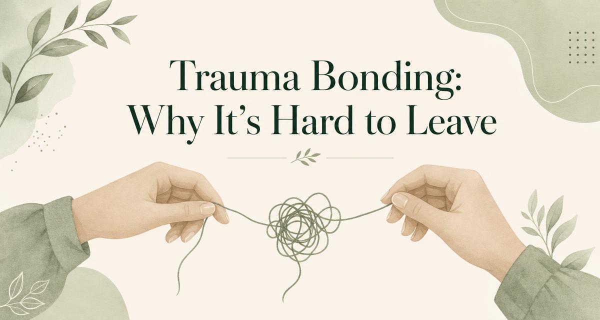 Editorial card reading 'Trauma Bonding: Why It's Hard to Leave' with two hands untangling a knotted thread