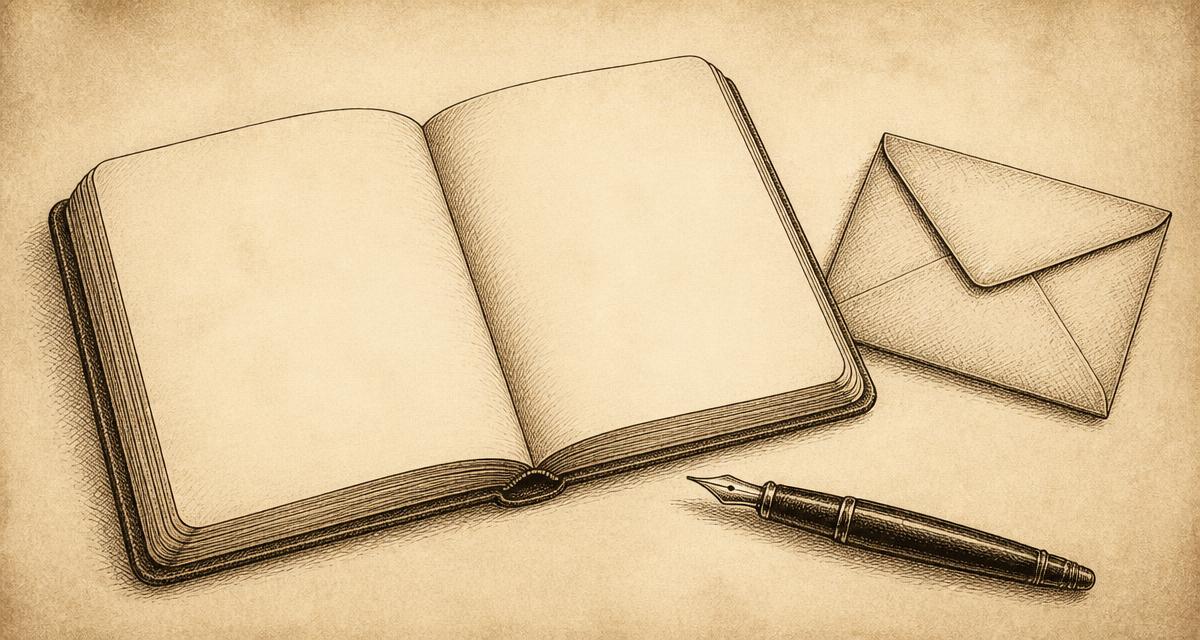 Vintage ink illustration of an open blank notebook, a fountain pen and a folded envelope